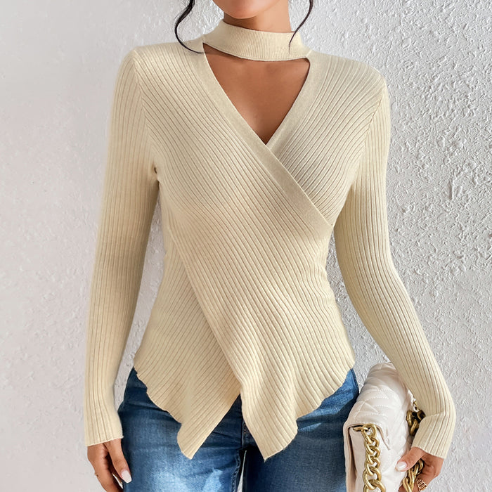 Autumn Winter Simple Solid Color V neck Pullover Knitted Sweater