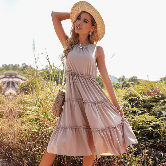 New Summer  Vest  Solid Color Pleated Wooden Ear Holiday Dress