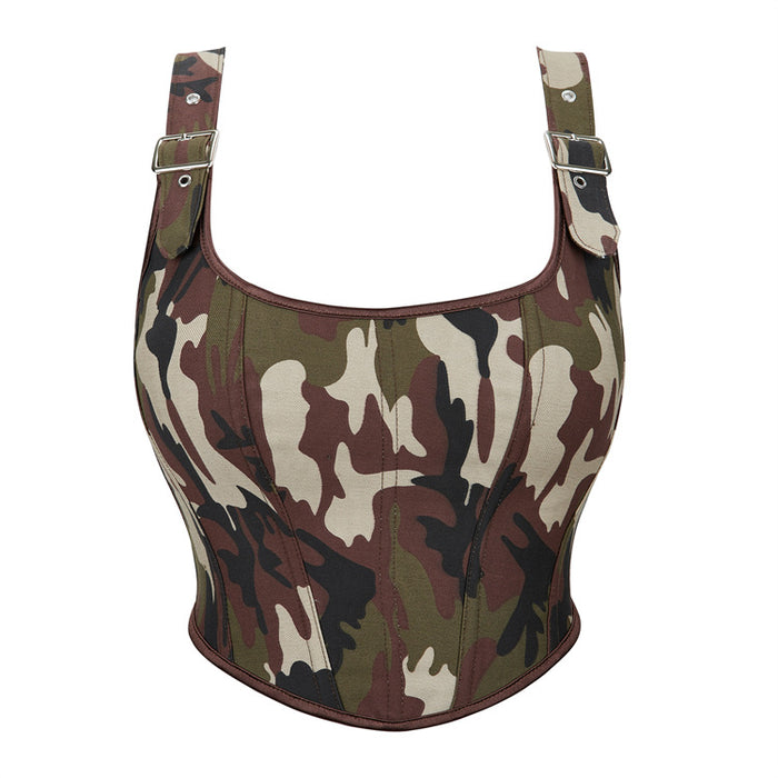 Camouflage Adjustable Shoulder Strap Women  Tube Top Push up Top