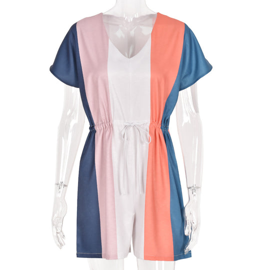 Women Clothing Summer  Loose V-neck Drawstring Striped Contrast Color Short-Sleeved Romper