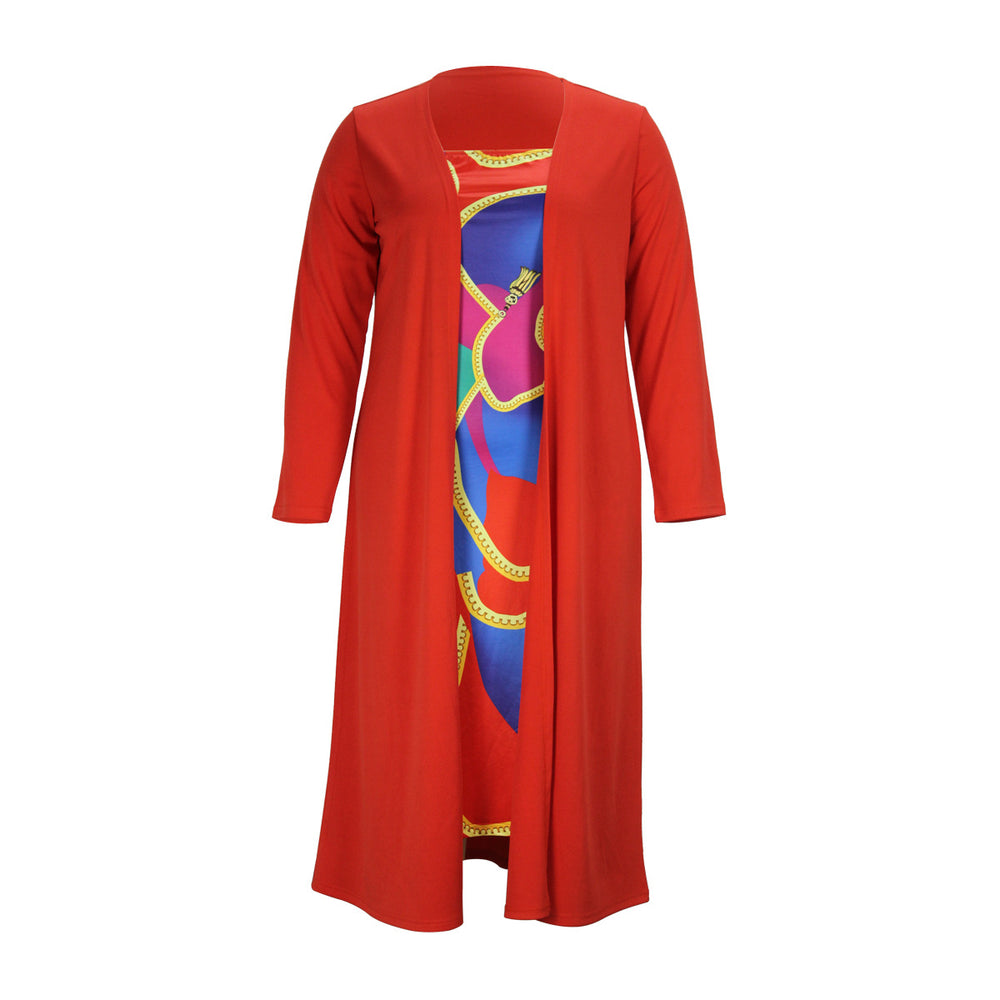 Plus Size Women Clothing Spring Autumn Tube Top Dress Long Coat Two Piece Set Women