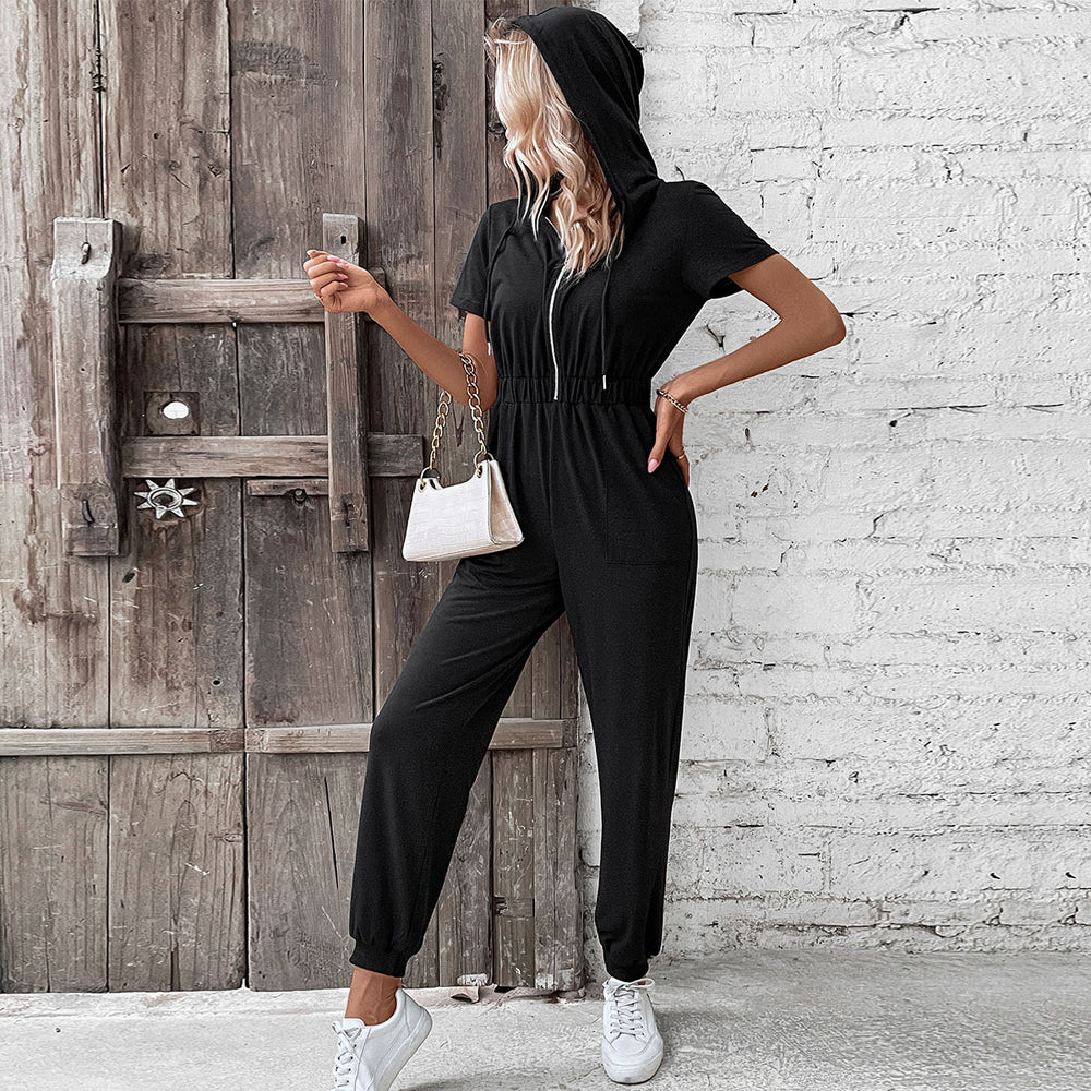 Summer Women Clothing Hooded Work Clothes Solid Color Jumpsuit