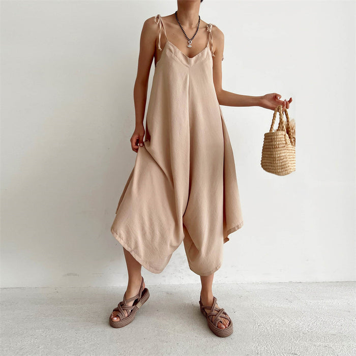 Summer Solid Color Overalls Casual Loose Fitting Wide Leg Trousers Sexy Sling Backless Sleeveless Jumpsuit