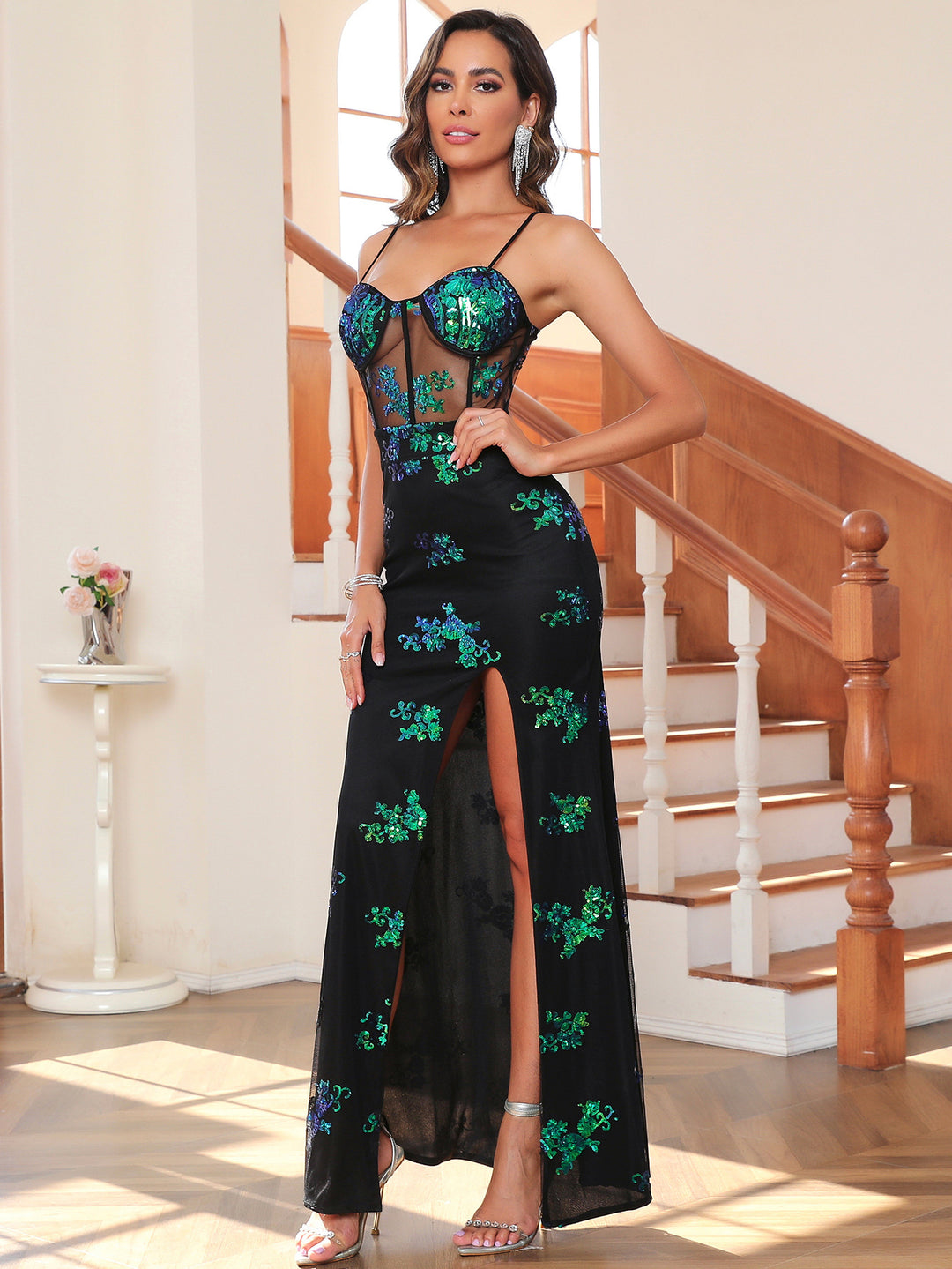 Sexy See Through Green Sequ Dress Women Clothing Party Evening Dress