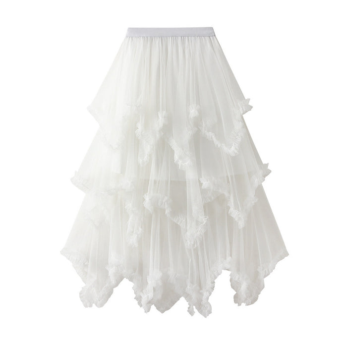 Wooden Ear Irregular Asymmetric Mesh Tiered Skirt Mid Length High Waist Big Swing Puffy Fairy Gauze Dress Long Skirt