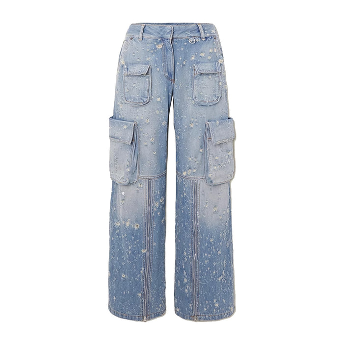 Niche Design Jeans Light Blue Workwear Women  Damaged Design High Waist Loose Hole Trousers