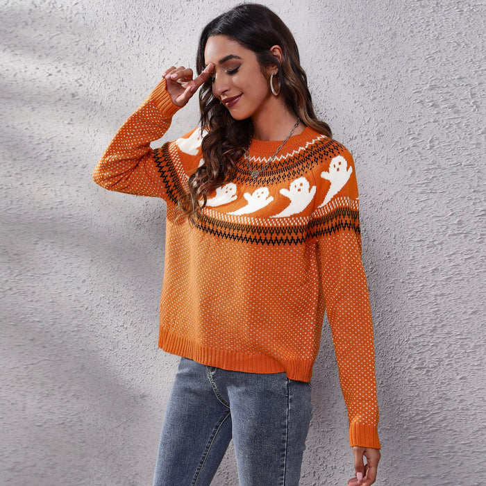 Ghost Skull Jacquard Retro Dots Long-Sleeved Knitted Sweater  Loose Autumn Winter Women Halloween