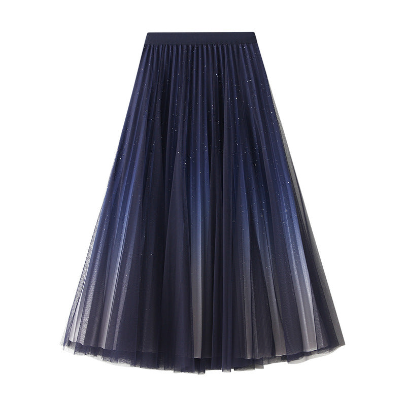 Starry Sky Gradient Gauze Skirt Pleated  for Women Mesh Skirt Western Autumn Winter Large Swing Skirt Skirt