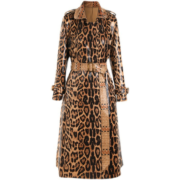 Goods Spring Autumn Snakeskin Leopard Print Long Trench Coat Goddess Long Sleeve Leather Jacket Women  Overcoat
