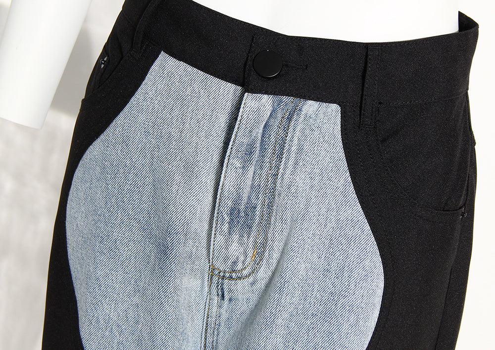 Black Blue Wave Denim Stitching Straight Wide-Leg Pants for Women Summer Internet Celebrity Street Smart Trousers