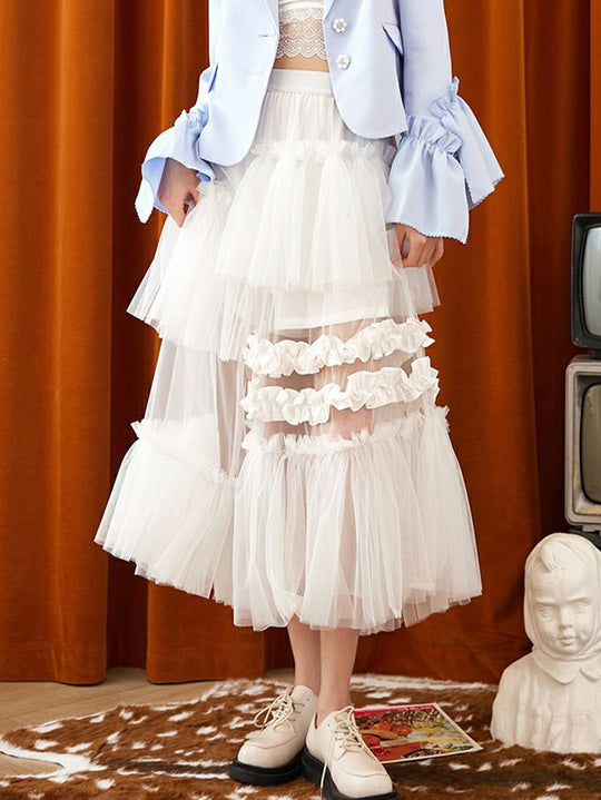 Mesh Stitching Skirt Irregular Asymmetric Fairy Tiered Dream Tulle Skirt Women Exclusive