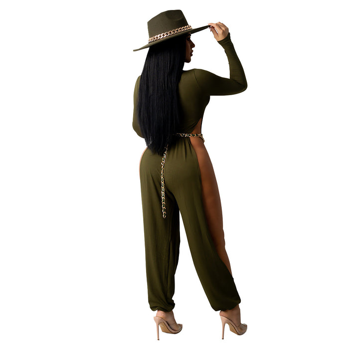 Women Clothing Sexy Open-Leg Jumpsuit Solid Color High-Elastic Artificial Cotton Fabric Jumpsuit for Women