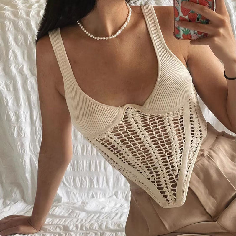 Sexy Easy Matching Sling Top Heavy Industry Woven Low Cut Collar Hollow Out Cutout out See through Boning Corset Vest