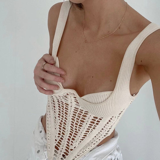 Sexy Easy Matching Sling Top Heavy Industry Woven Low Cut Collar Hollow Out Cutout out See through Boning Corset Vest