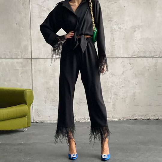 Spring Summer Special-Interest Design Long Sleeve Feather Shirt Casual Cropped Pants Suit