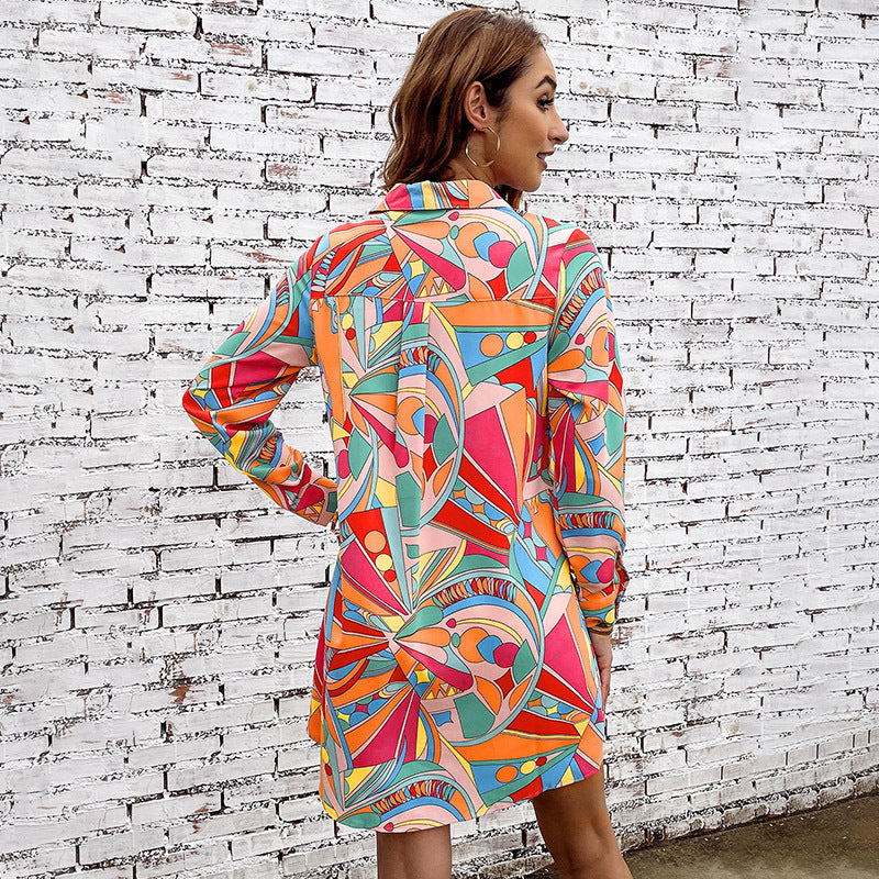 Autumn Abstract Colorful Geometric Abstract Printed Shirt Dress Contrast Color Long Sleeves Single Breasted Dress