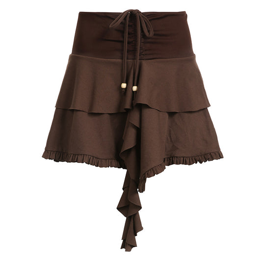 Retro Sweet Irregular Asymmetric Double Layer Ruffled Skirt Cinched Drawstring Lace-up Solid Color Short Skirt