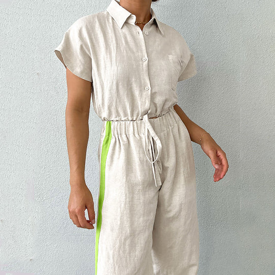 Cotton Linen Mixed Yarn Khaki Suit Drop Shoulder Sleeve Vest Pants Summer Women  Clothing