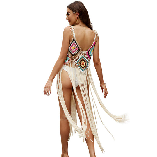 Summer Sexy Hand Crocheting Bikini Sun Protection Shirt Hollow Out Cutout Sling Long Fringe Backless Beach Cover-up