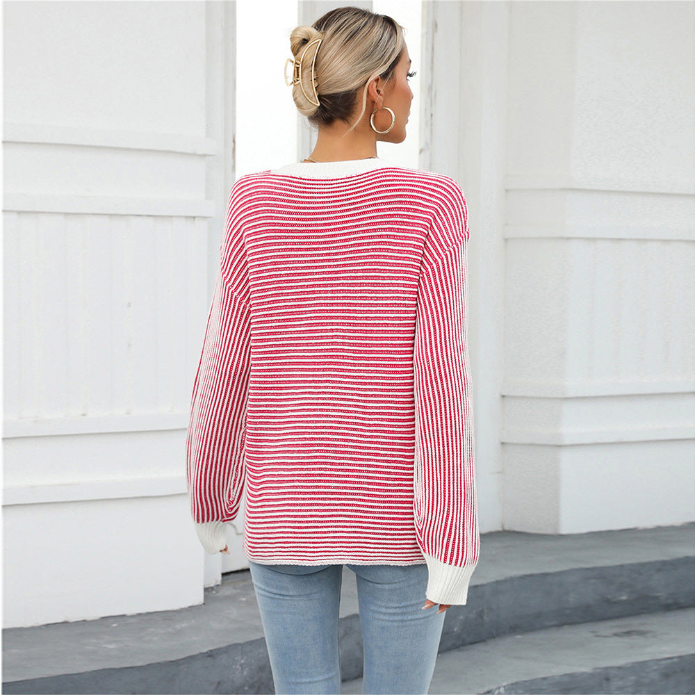 Autumn Winter Women Clothing Color Matching Crew Neck Pullover Sweater Striped Sweater Sweater