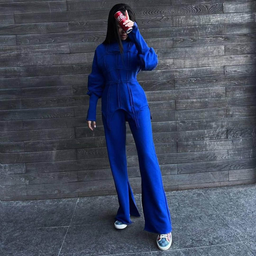 Solid Color Hoodie sets Round Neck Pullover Top Split Straight Pants Casual Two Piece sets