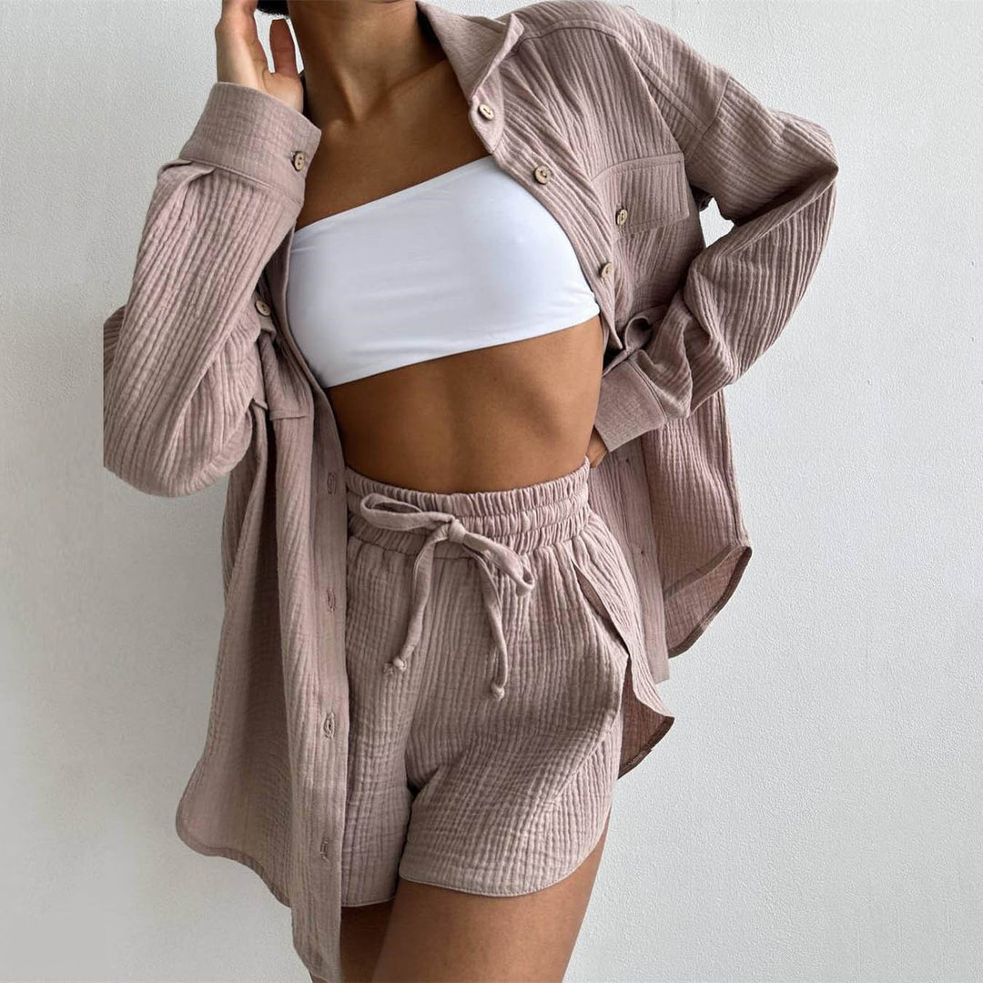 Women Clothing Spring Collared Loose Shirt High Waist Shorts Two Piece Set Casual Set