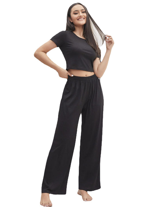 Autumn Winter Solid Color Short-Sleeved Trousers Casual Suit Home Wear Pajamas for Women
