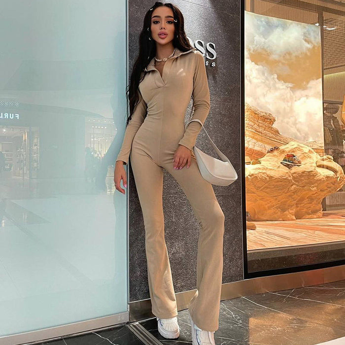 Women Winter Polo Collar Slimming Long Sleeves Casual Wide Leg Pant Jumpsuit
