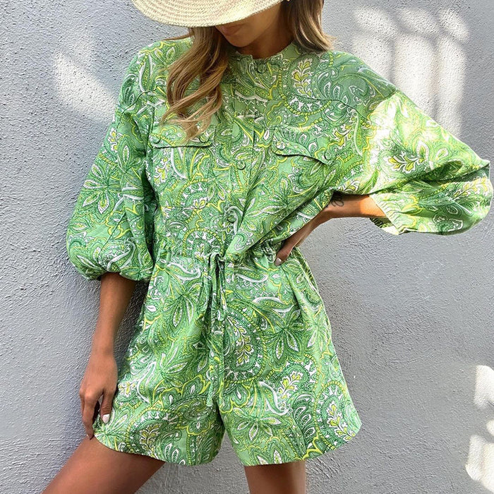 Spring Women Clothing Printed Stand Collar Printing Romper