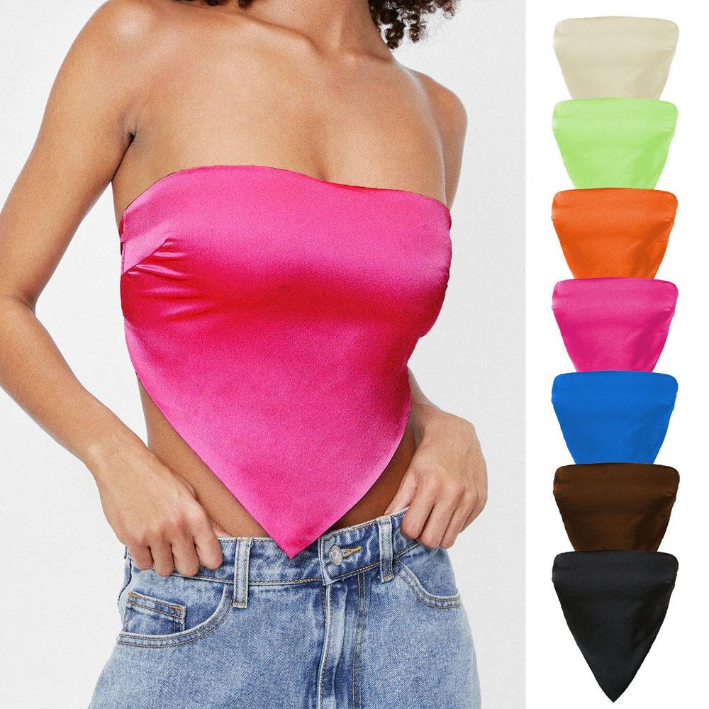 Sexy Back Lace up Satin Wrapped Chest Solid Color Triangular Binder cropped Exposed Non Slip Tube Hankey Hem Top Women Clothing