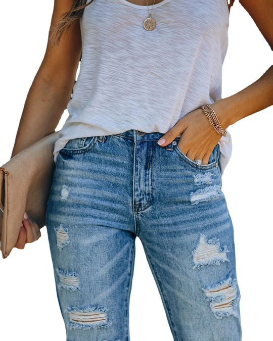Ripped Slimming Denim Straight Washed Casual Pants