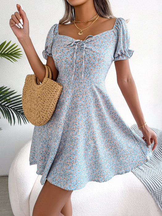 Spring Summer Casual Bell Sleeve Drawstring Lace Floral Print Large Swing Dress Independent Stand Women Clothing