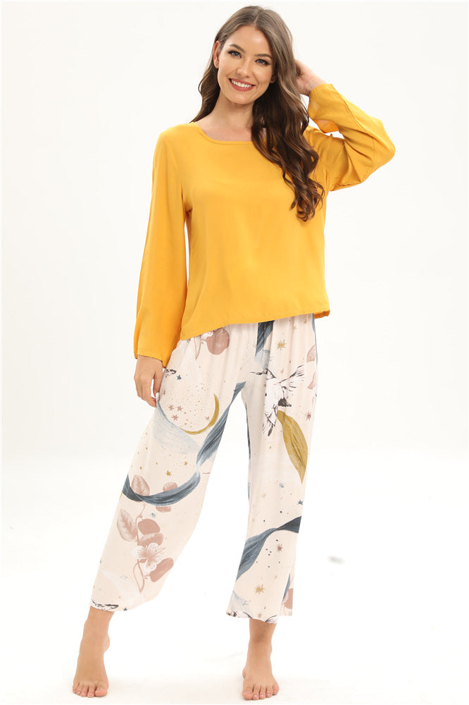 Rayon Home Wear Suit Casual Pajamas Women Long Sleeved Trousers