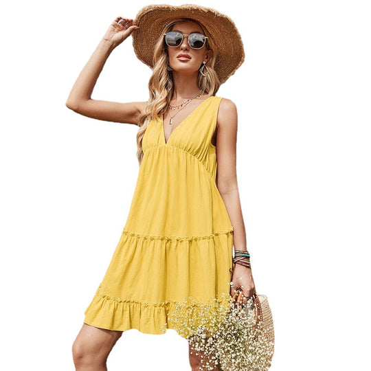 Sundress Summer New V-neck Pastoral Simple Dress Women Shoulder Strap Wild Dress