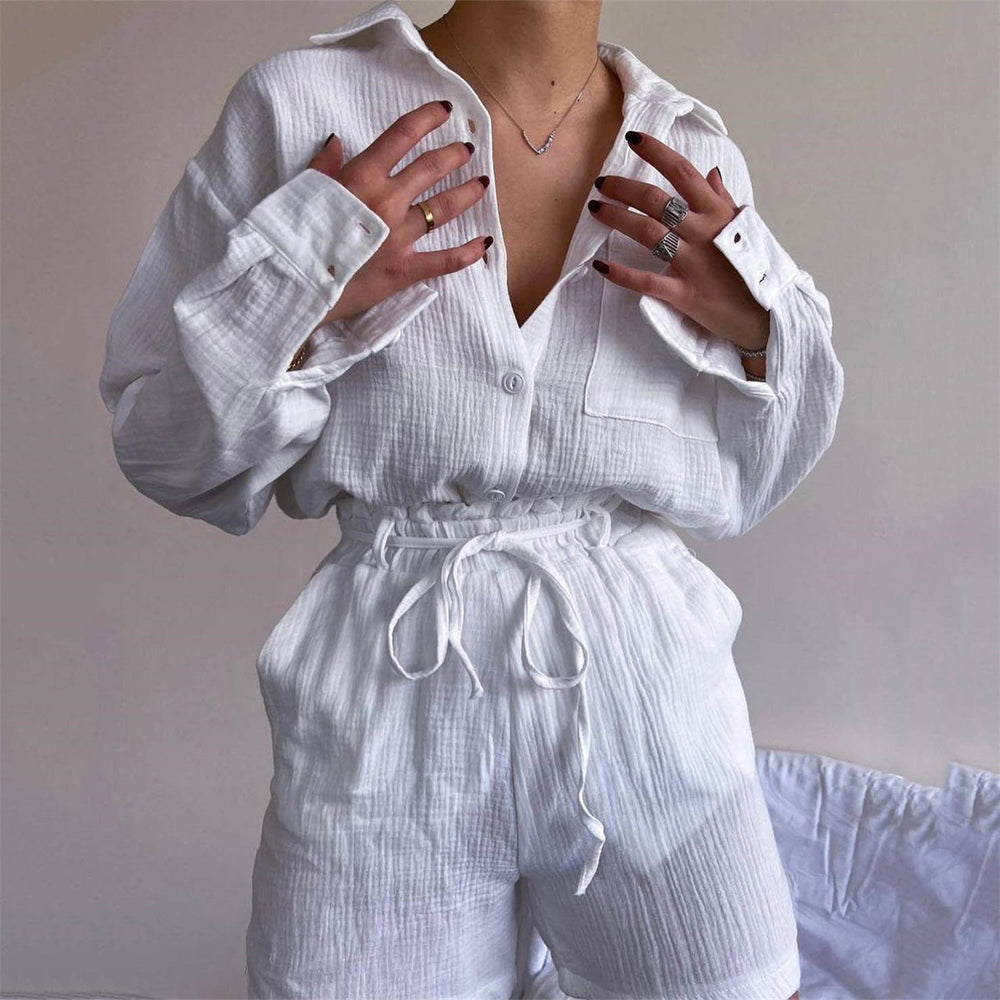 Women  Clothing Suit Pure Cotton Summer Collared Long Sleeve Shirt High Waist Pocket Shorts Two Piece Set