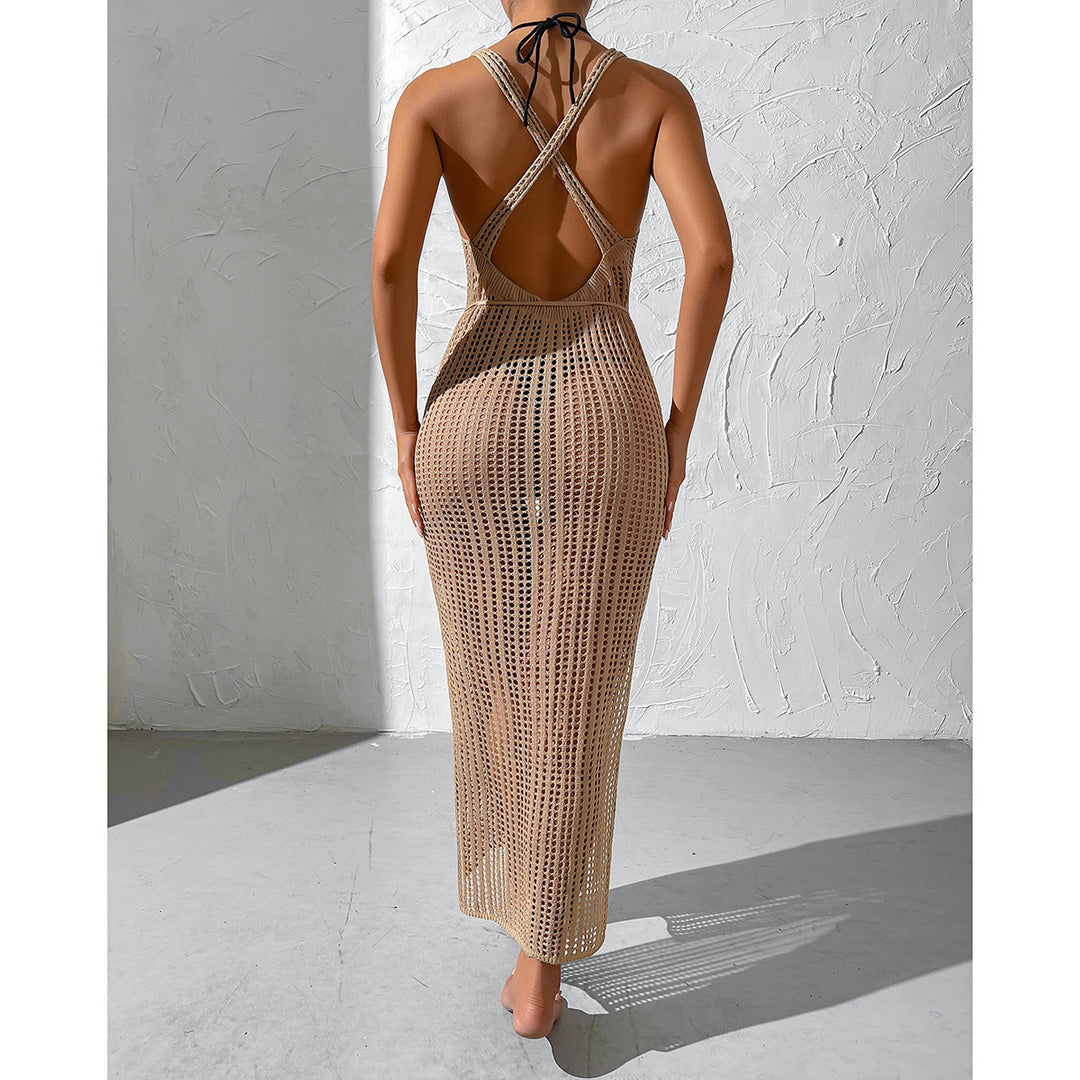 Vacation Beach Sexy Smock Dress Hollow Out Cutout Out See Through Backless Knitted Dress Women