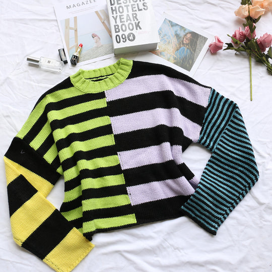 Autumn Winter Women Trendy Contrast Color Sweater Women Striped Color Asymmetric Stitching Lazy Pullover Sweater