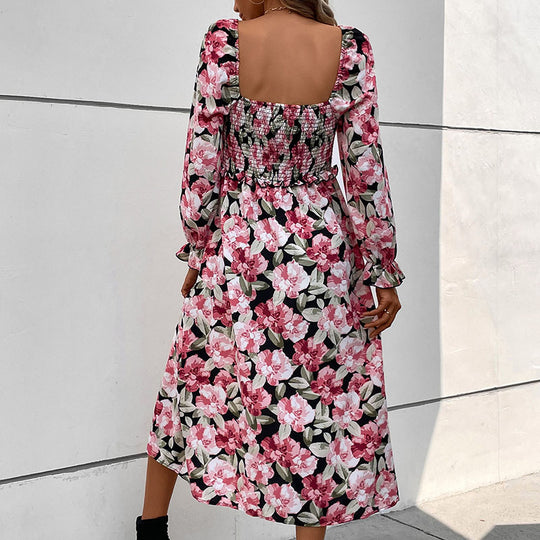 Autumn Winter Women Clothing Backless Printed Dress
