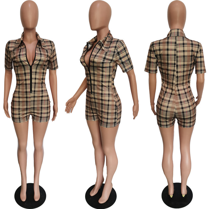 Women Clothing Printed Checks Collared Zipper Short Sleeve  Romper