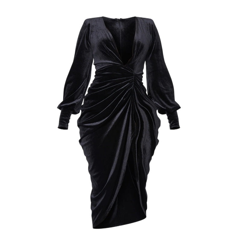 Sexy Long Sleeve High Slit Maxi Dress Christmas Source Solid Color Pleating God V Dress Women