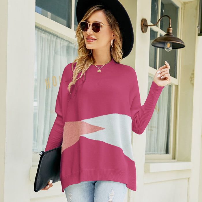 Autumn Winter Loose Batwing Sleeve Pullover Sweater Women Clothing Design Contrast Color Sweater