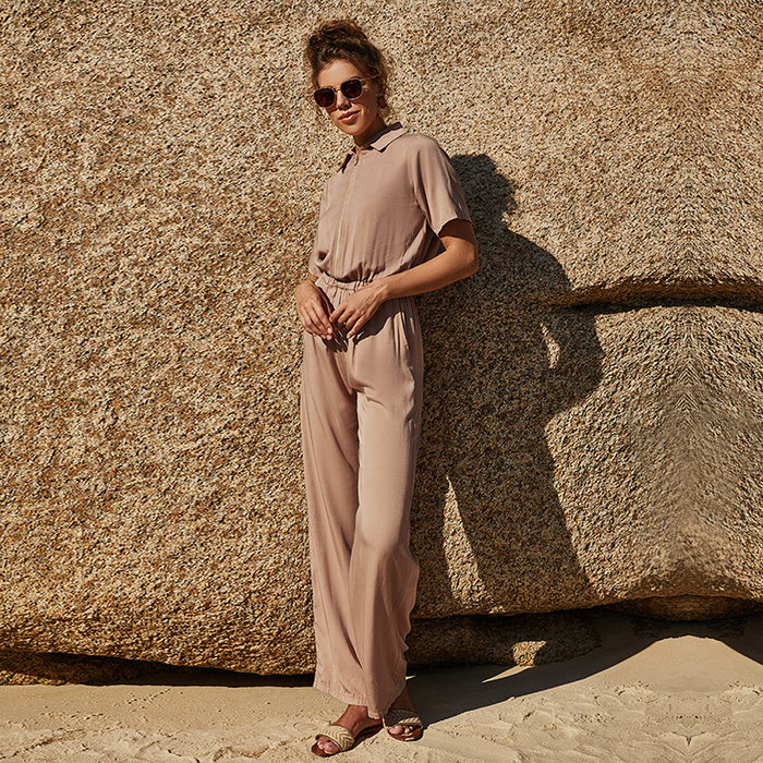 Summer Half Sleeve One Piece Jumpsuit Solid Color Zipper Collared Jumpsuit Elastic Waist Casual Trousers
