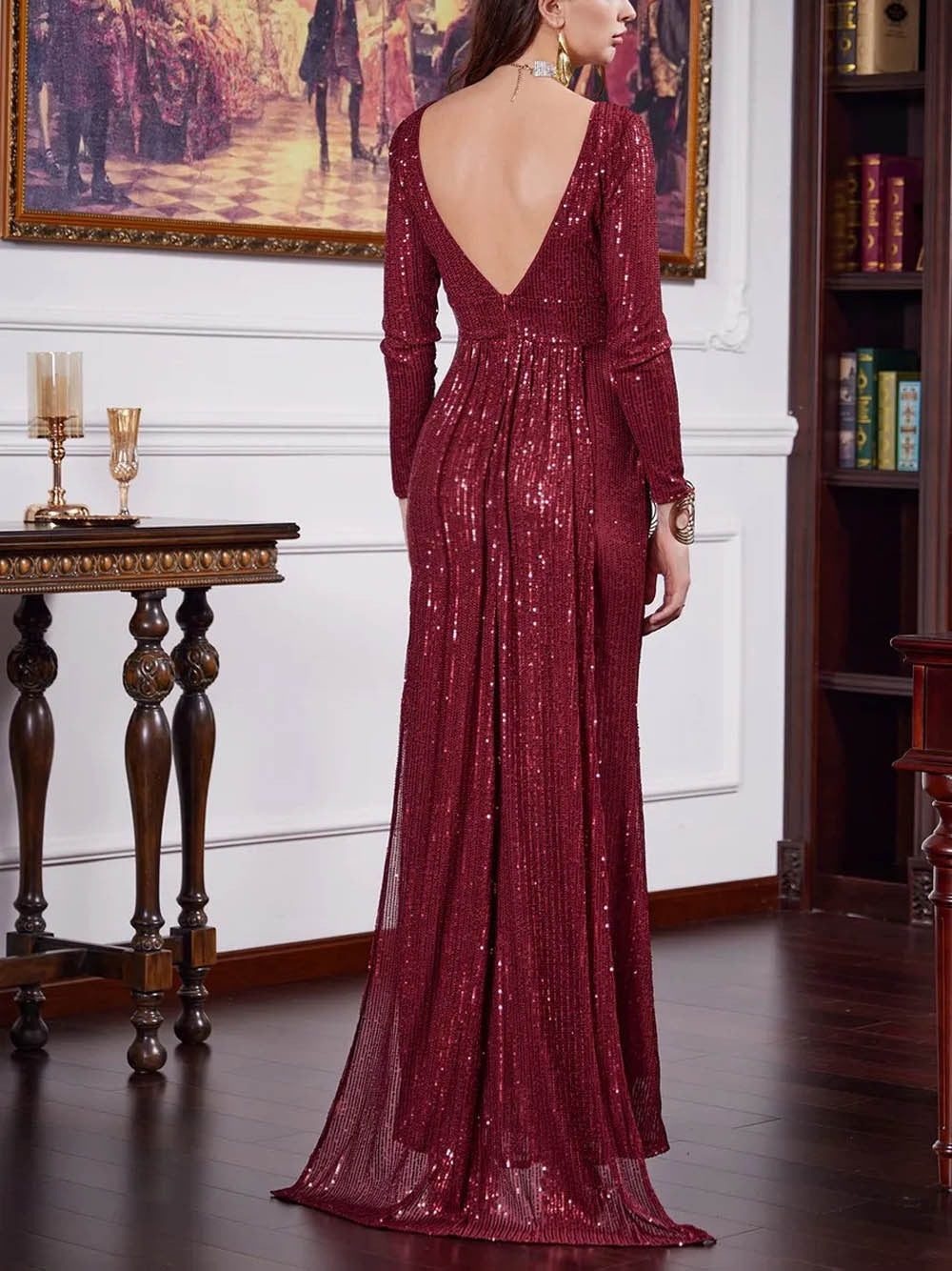 Women  Clothing Dress Sexy Backless Long Sleeves Slim Fit Slit Cocktail Formal Maxi Dress