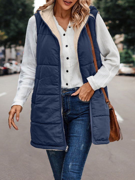 Simple Stitching Plush Double Sided Women Vest Hooded