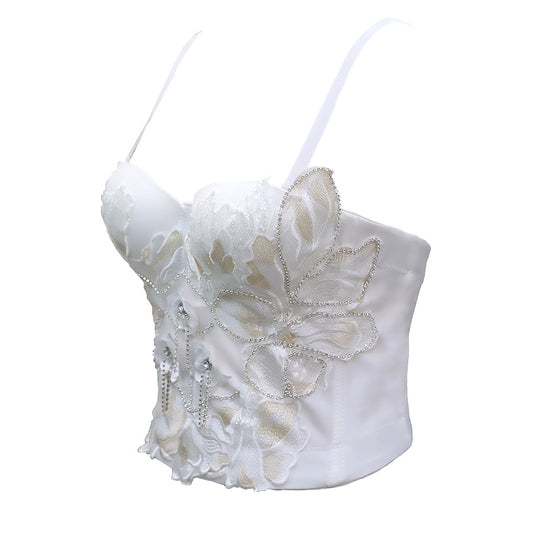 Drill Chain French Corset Top Wrapped Chest Slimming Tight Corset Beaded Three Dimensional Floral White Straps Tube Top Vest
