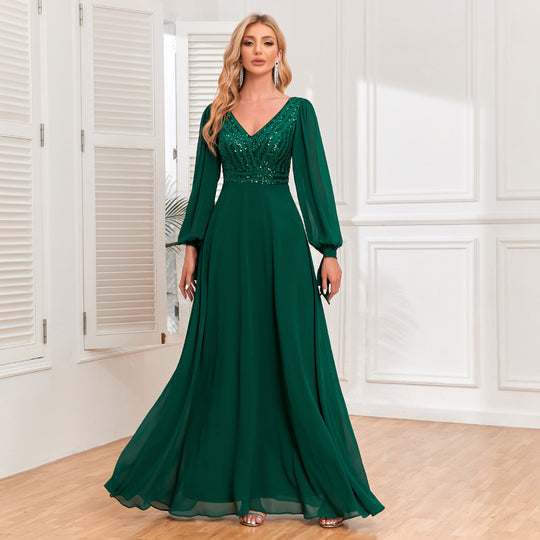 Long Sleeve Lace Up High Quality Double V Neck Sequin Chiffon Patchwork A Line Big Swing Full Lining Party Evening Dress