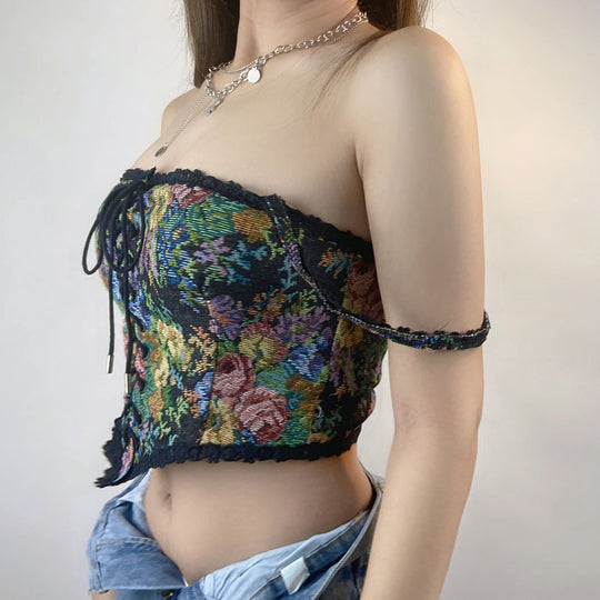 Court Lace up Short Sling Summer Sexy Machine Embroidery Tube Top