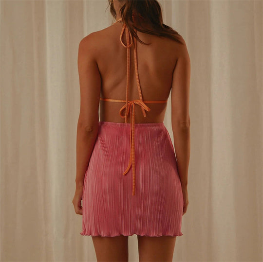 Summer Sexy V Neck Backless Pleated Dress Women Halter Lace Up Cutout Short Dress