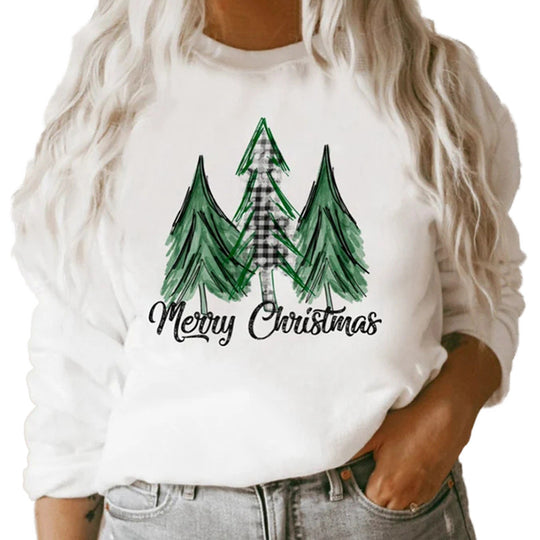 Fall Women Clothing White Long Sleeve Loose Christmas Graphic Print Crew Neck Sweater
