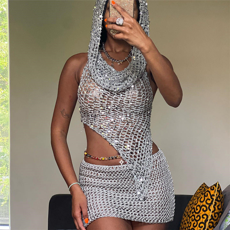 Summer Women Clothing Sexy Cutout Knitted Sequined Top High Waist Hip Wrapped Skirt Set for Women